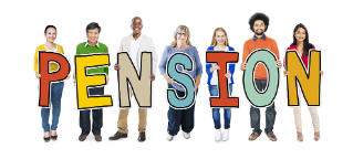 People holding letters of the alphabet which spell the word pensions